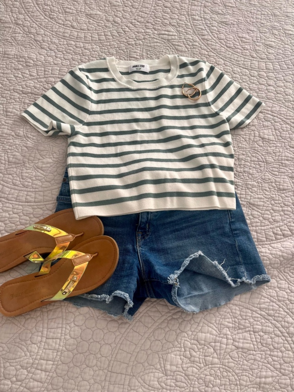 Double Zero Olive Green and White Striped Knit Tee - Picture 4 of 5